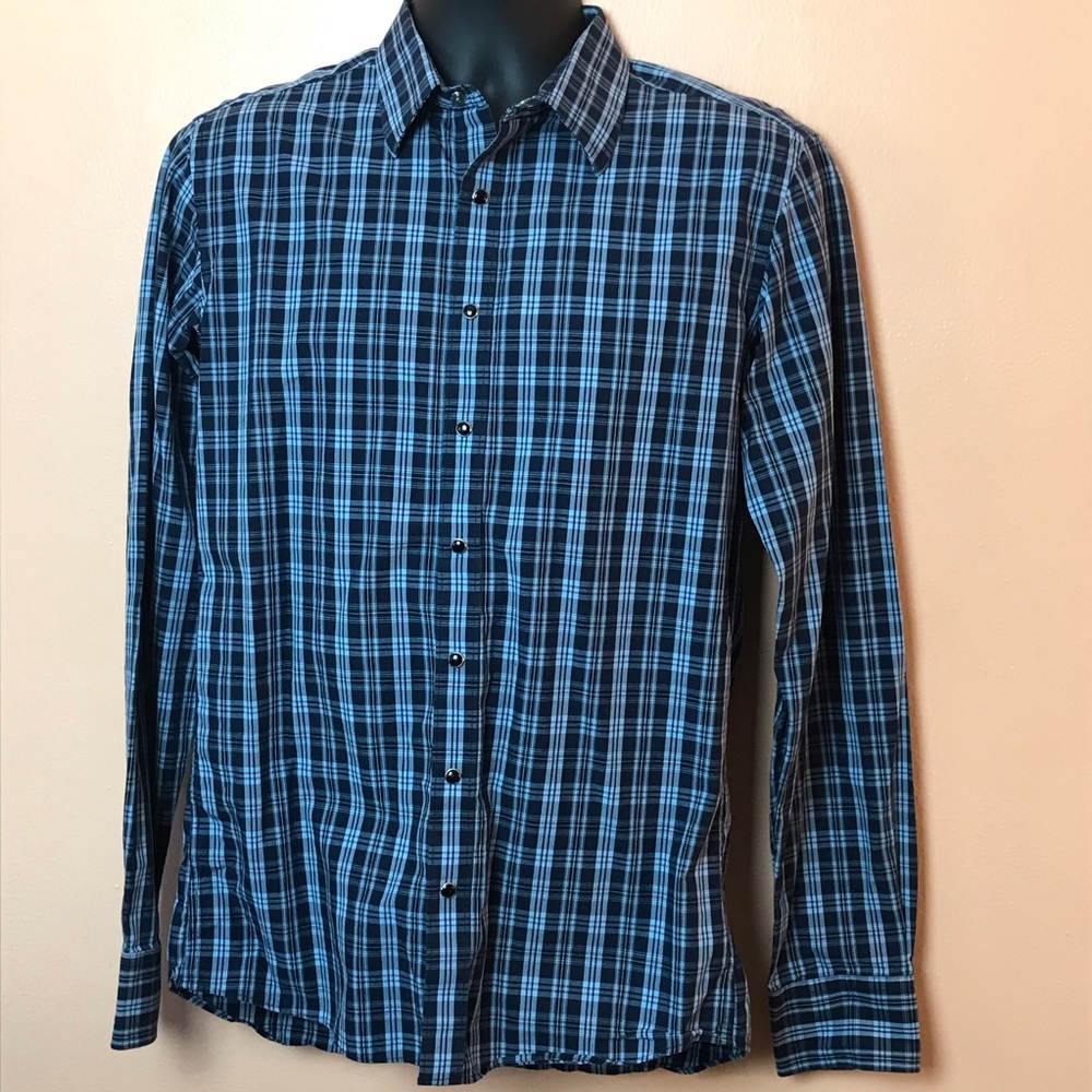 Rockin Sartorial Blue Plaid Pearl Snap Button Down Men 15 1/2 L